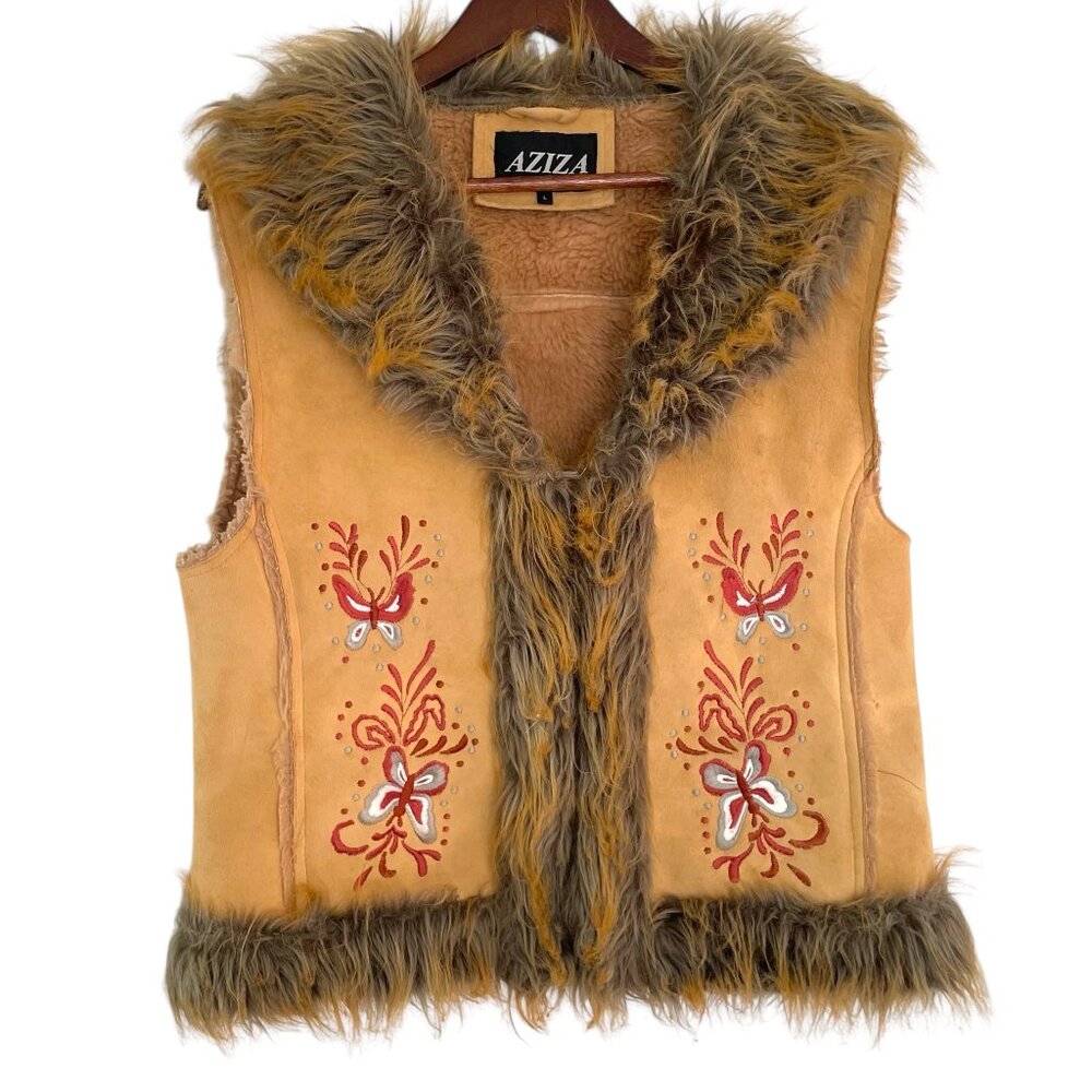 Vintage Y2K Aziza Faux Fur Trimmed Vest L Tan Embroidered Butterfly Suede Boho